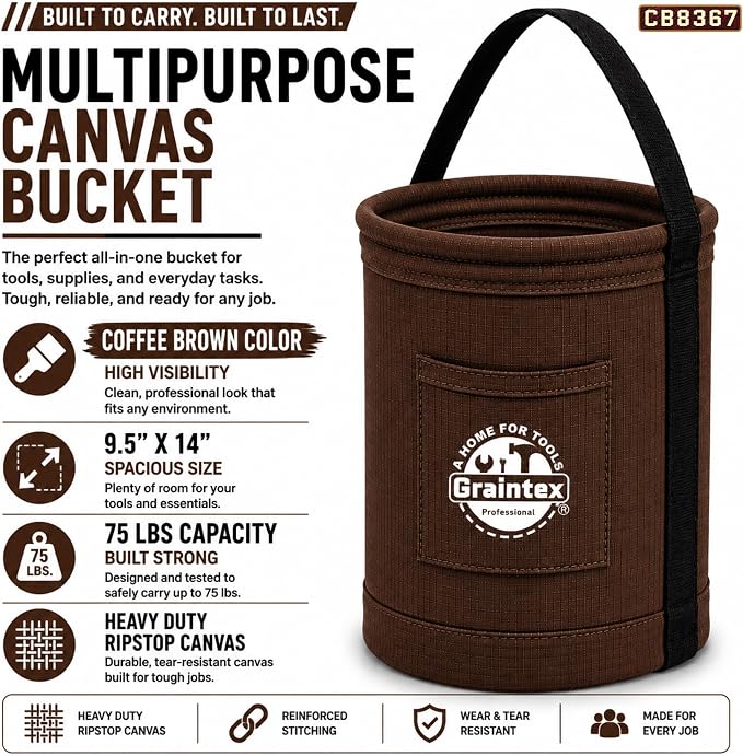 Graintex Canvas Utility Bucket 9.5"x14", Round Tool Bucket, Reinforced Base & Carry Handle, Ripstop Canvas, Ideal Multi-Purpose Bag for Jobsite, Gardening, Home Use, Tool Storage - Coffee Brown