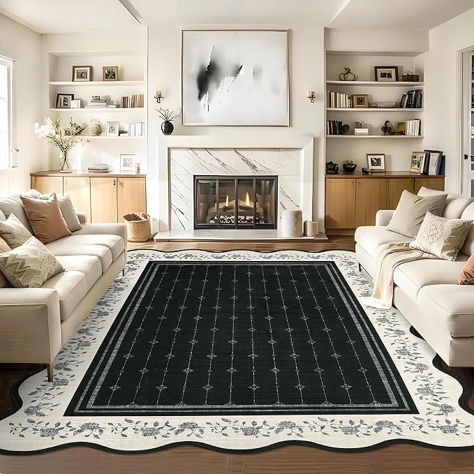 Garvee Scalloped Washable Rug 9x12 Rugs for Living Room Non Slip Black | Neutral Nursery Rug Modern Bordered Floral Mat Indoor Soft Non-Shedding Accent Carpet for Bedroom Dining Room Kids Room Dorm