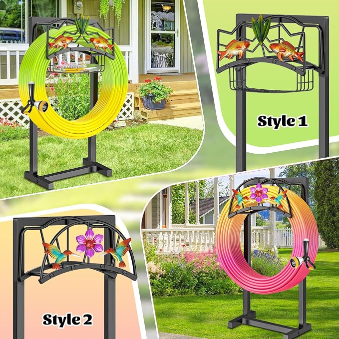 Freestanding Garden Hose Holder, Heavy Duty Black Metal Hose Rack with Storage Basket & 4 Spikes, Holds 150FT Water Hose for Yard Lawn Patio Decor