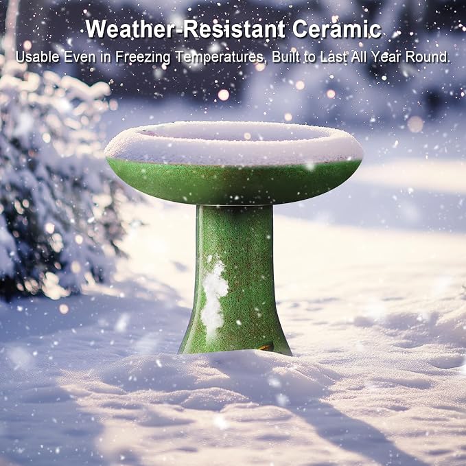 Ceramic Bird Bath for Outdoors, 21.5" Tall Heavy Duty Bird Bath, Outdoor Garden and Patio Décor - Green