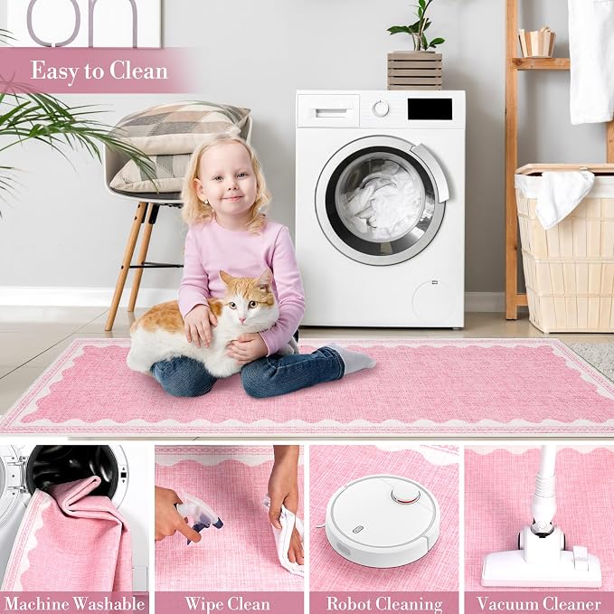 6ft Scalloped Round Rug Pink Washable Living Room Bedroom Area Rugs | Small Solid Rug for Bedroom Girls, Non Slip Scalloped Round Bath Mat, Soft Dorm Nursery Carpet for Bedside