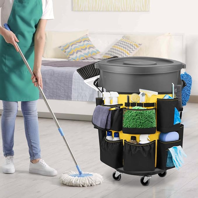 HODRANT 32-55 Gallon Trash Can Caddy Bag with Multi Pockets for Clean Tools | Garbage Bin Apron Caddy, Cleaning Tool Organizer with Adjustable Buckle for Janitorial Trash Can, Black+Yellow