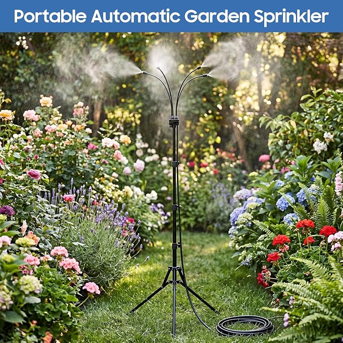 Gugxiom 5.3FT Standing Misters for Outside Patio, 26.5FT Water Supply Line & Adjustable Height & 5 Brass Nozzles, Portable Water Mister for Patio BBQ Pool