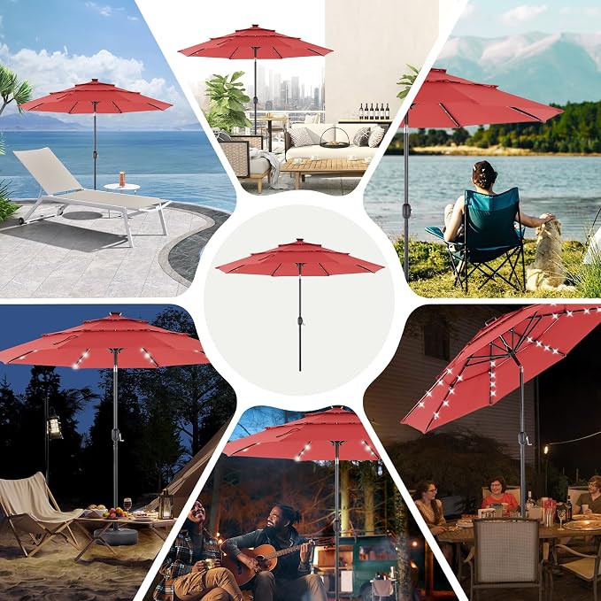 DUMOS Outdoor Solar Patio Umbrella 3 Tiers with 32 LED Lights, Beach Market Table Umbrella with Crank and 8 Sturdy Ribs for Pool, Terrace, Restaurant