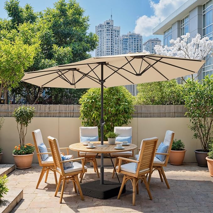 15ft Large Outdoor Patio Umbrella, Double Sided Table Umbrella with Crank, 12 Steel Ribs Market Umbrella