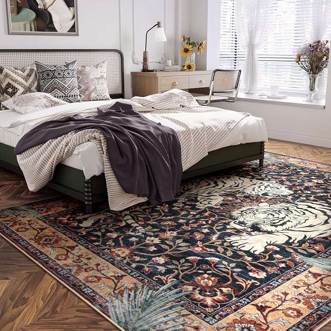 Moynesa Tiger Washable Area Rug, Boho 6x9 Rug for Living Room, Vintage Large Soft Bedroom Rug, Non Slip Ultra Thin Stain Resistant Floor Carpet for Dining Room Home Office, Puce Red