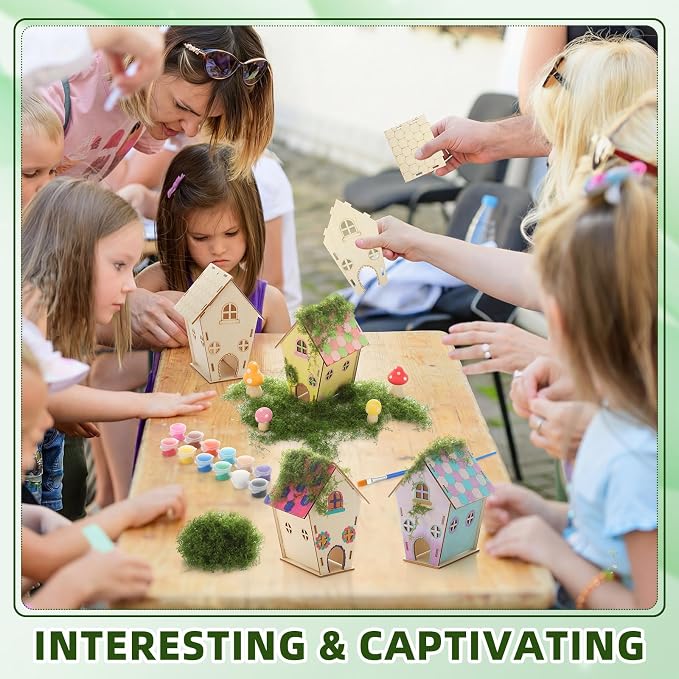 DoubleFill 3 Sets Wooden Fairy House Craft Kit for Kids - Classroom DIY Fairy Garden with Paints & Decorations - School Arts Crafts & Birthday Gift for Activity Party Decor (Classic Style)