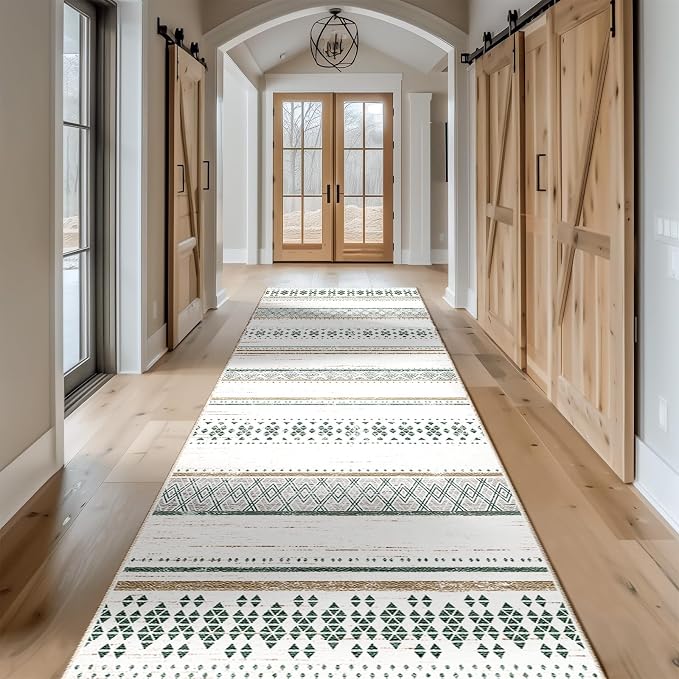2x8 Washable Area Rugs for Living Room Boho Runner Rug Green/Brown | Vacuum Friendly, Machine Washable, Non-Slip Rug, Stain Resistant, Moroccan Geometric, Low Pile Carpet, Hallway Kitchen