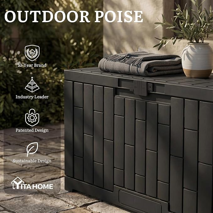YITAHOME 60 Gallon Resin Deck Box, Weather Resistant Outdoor Rattan Storage Box with Slide-Locking Lid, Lockable Indoor Outdoor Storage for Supplies and Essentials, Black