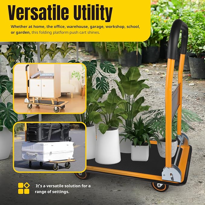 MaxWorks Foldable Platform Truck Push Dolly 330 lb Capacity 28.75" x 18.75" x 33" Heavy‑Duty Utility Cart with Fold Down Handle for Home Garage Warehouse and Workshop Use (80876)