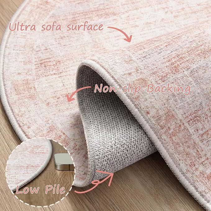 Latte&Fog 6ft Pink Round Area Rug for Girl Bedroom Washable Cute Circle Rug | Non Slip Low Pile Soft Floral Indoor Carpet for Living Room Kids Playroom Nursery Classroom Dorm Decor Dining Kitchen Office