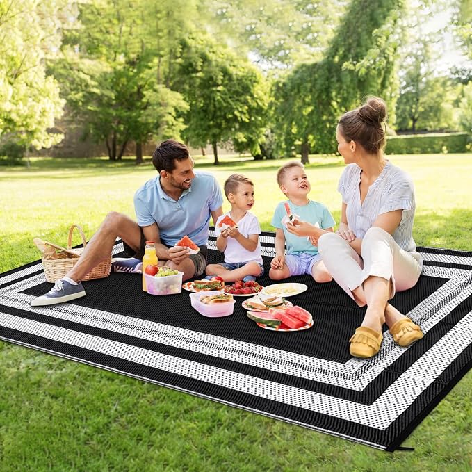 Garvee 8x10 Outdoor Rug Waterproof Plastic Straw Rug Outdoor Patio Rugs Reversible Mat Easy Clean Foldable Lightweight Large Area Rugs for Patio Porch Backyard Camping RV Beach Balcony Panel White