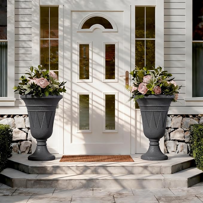 Tall Urn Planters for Outdoor Plants Set of 2-23.6" H Vintage Trophy Design Outdoor Planters for Porch Decor with Drainage Hole, Indoor Large Flower Pots, Pedestal Planter/Garden Vase, Gray