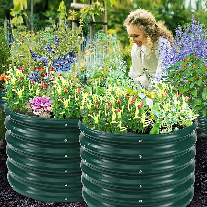 YSEJOMP 17" Tall Round Outdoor Garden Raised Garden Bed Kits-0.8MM Thick Metal Raised Planter Bed/Ground Planter Box for Variety of Flowers,Herbs,Vegetables,Trees (Dark Green, 24 Dia X 16.5 inches)