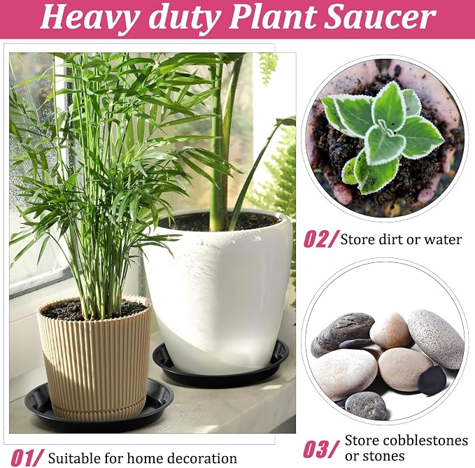 Eccliy 6 Pack Plastic Plant Saucer Heavy Duty Planter Saucers Large Plant Pot Plastic Water Trays for Indoors and Outdoors Flower Drip(14 Inch,Black)