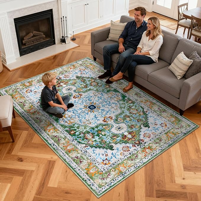 U'Artlines Boho Vintage Area Rug 5x8 Machine Washable Carpet, Green | Low Pile, Non Slip, Ultra-Thin Soft Floor Carpet, Accent Rug for Living Room Bedroom Dining Room Office