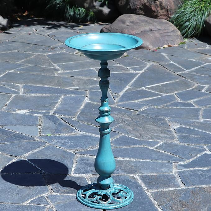 26.6"H Cast Iron Pedestal Bird Bath,Metal Birdbath for Outdoors (Blue) | Bird Bath for Outside,Tall Bird Baths,Bird Feeder Seed Tray for Garden Yard Decor