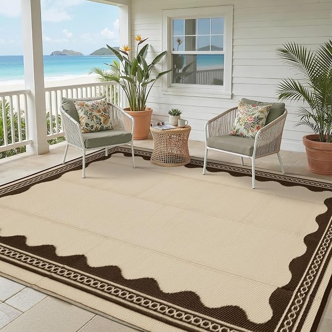 Garvee Large Outdoor Rug 10x14 Scalloped Waterproof Patio RV Outdoor Rugs Reversible Foldable Plastic Straw Rug Modern Camping Carpet for Deck Camper Porch Balcony Backyard Picnic Beach Brown
