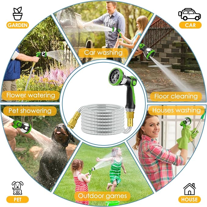 25 FT Stainless Steel Garden Hose with 10-Function Spray Nozzle, Kink-Free Flexible Metal Water Hose, Solid Brass 3/4'' Connectors, Heavy Duty, Durable, Leak-Proof, Lightweight, Tangle-Free