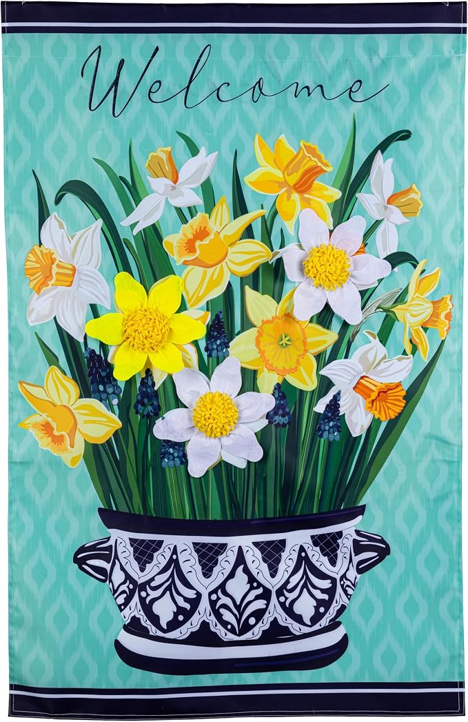 Evergreen Delft Daffodil Applique House Flag 44x28 Double Sided, Welcome Spring Flags For Outside House, Front Door, Garden, Yard