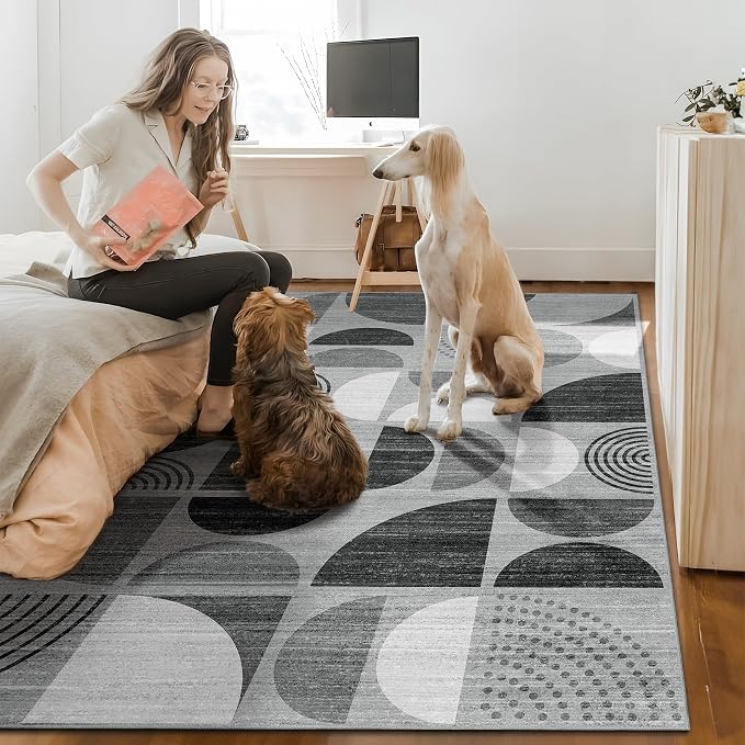 Washable Rugs 9x12,Large Area Rugs Non Slip Modern Abstract Boho | Large Throw Carpet for Living Room Bedroom Dining Room Soft Low Pile Floor Indoor Bohemian Black and Grey