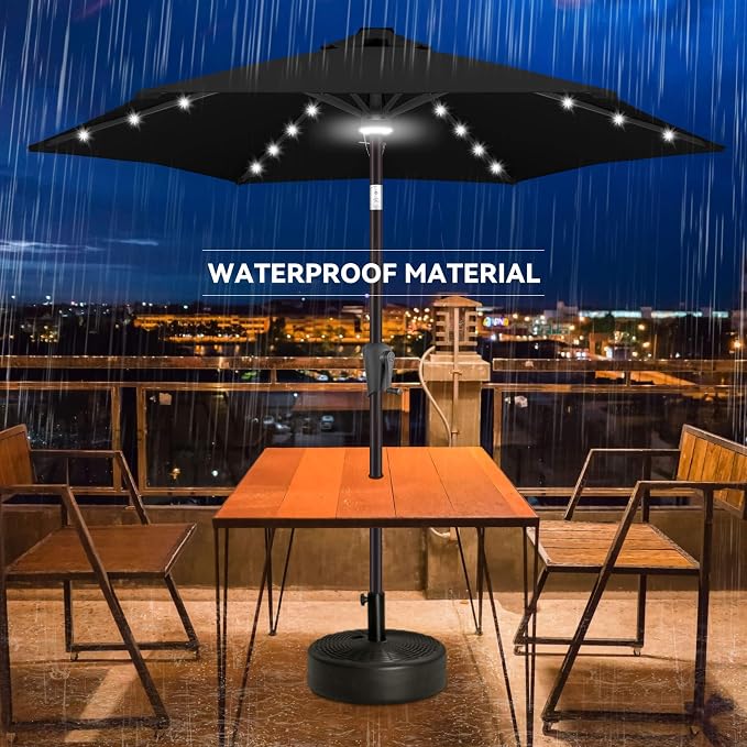 7.5FT Solar Umbrella Outdoor - Lighted Solar Patio Umbrella with 24 LED Lights Waterproof UV Protection, Table Umbrella with Tilt for Pool, Porch, Garden, Deck, Backyard (Black)