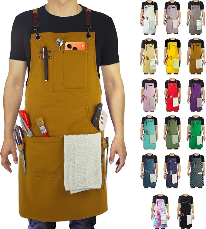 5 Pack Kitchen Aprons, Work Apron, Canvas Apron, Khaki | Multiple Pockets, Gardening, Painting, BBQ, Artist, Carpenter, Sizes M to XXL