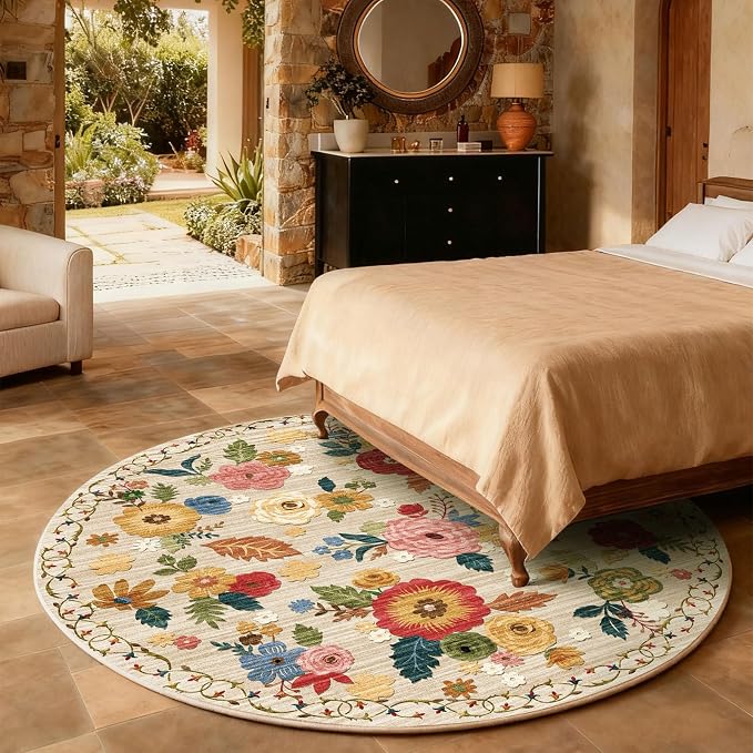 4ft Washable Round Rugs for Bedroom: Circle Living Room Rug Floral Vintage Non Slip Low Pile Soft Faux Wool Non Shedding Small Circular Rug for Kitchen Entryway Bathroom Bedside Office Dorm Kids Room