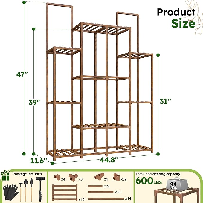 EnHomee 10 Tiers Plant Stand, Indoor Plant Stand with 14-18 Pots, Wood Plants Shelves for Living Room, Patio, Balcony, Yard, Garden, 44.8''W×11.6''D×47''H