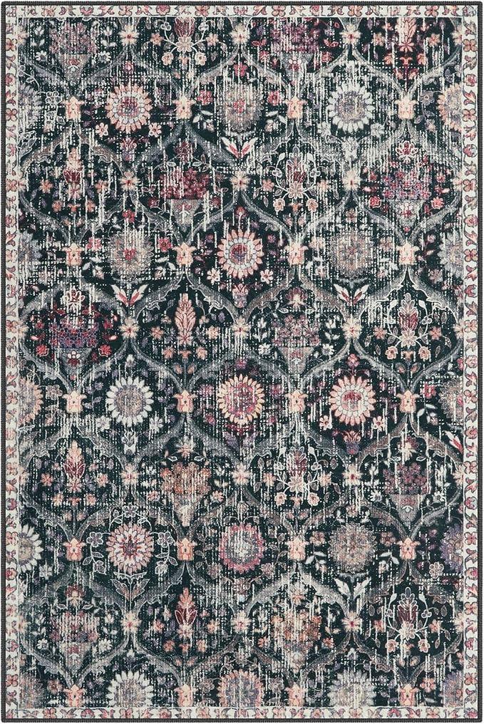 Lahome Moroccan Washable Rugs for Living Room, 4x6 Rug for Bedroom Non-Slip | Non-Slip Vintage Trellis Ultra-Thin Throw Carpet for Dining Room Office Nursery Elise, Black/Multi