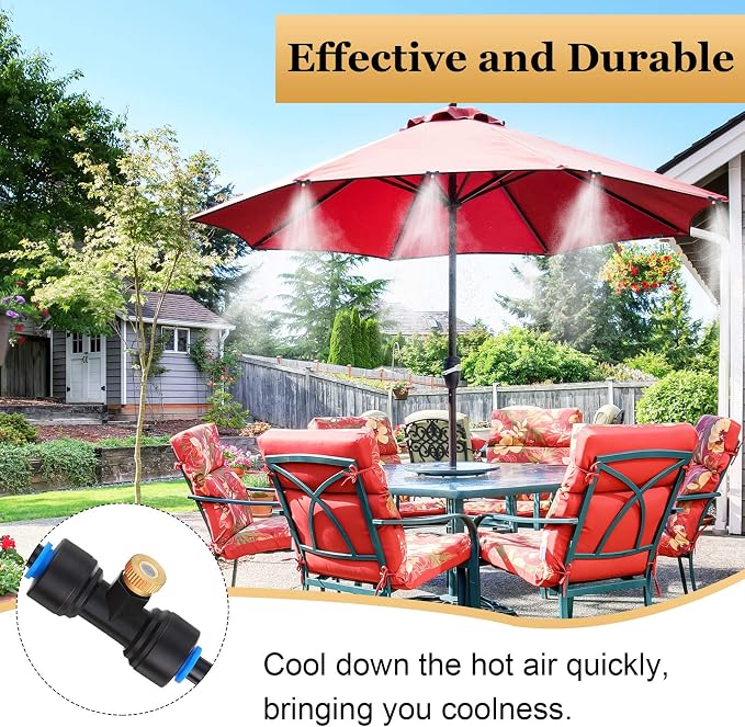 Hotop 20 Pieces Brass Misting Nozzles 1/4 Inch, Mister Replacement Nozzles Tees with Plugs for Outdoor Cooling System, Misting System Accessories for Patio, Greenhouse, Garden