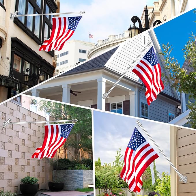 1" Flag Pole Holder for Outside House, REERON 2-Positions Metal Flagpole Bracket Mounts, Aluminium Rustproof Flag Pole Wall Porch Mounting Brackets with 3 Fixed Holes & Steel Hardwares (Silver-1 Pack)