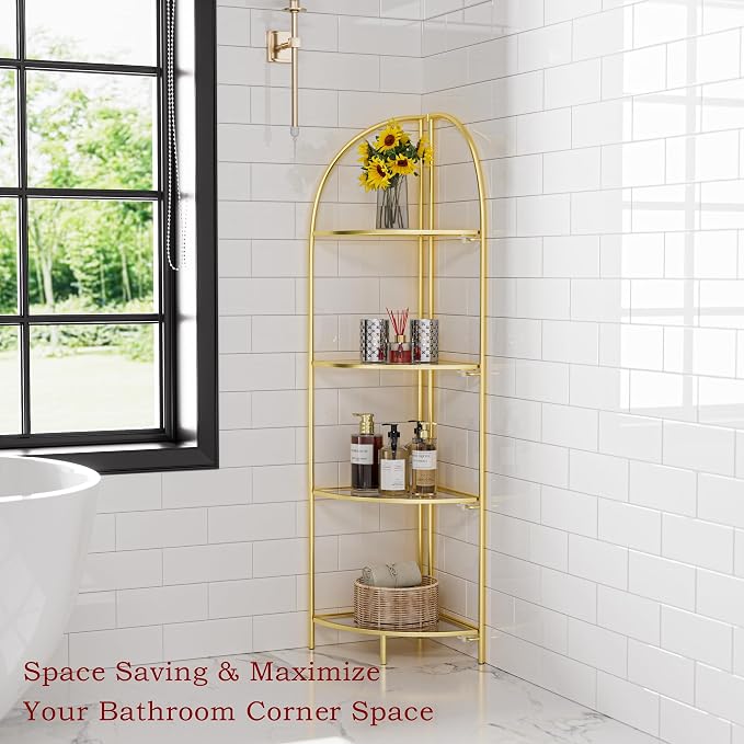 Crofy Foldable 4 Tier Corner Shelf, Metal Corner Plant Stand with Gold Frame and Transparent Shelves, Corner Display Rack Multipurpose Shelving Unit for Living Room, Bedroom, Bathroom