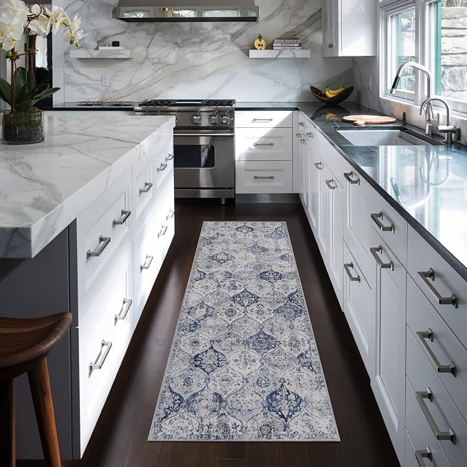 Lahome Moroccan Washable Runner Rug, 2x6 Blue Kitchen Runners for Hallways | Non Slip Trellis Vintage Laundry Room Ultra-Thin Carpet for Bathroom Bedroom Entryway Elise, White Royal Blue