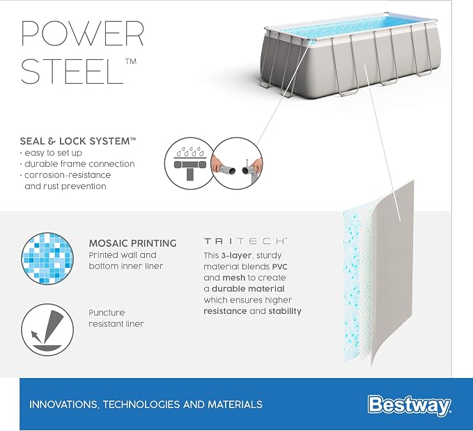 Bestway Power Steel Frame Pool-Set mit Sandfilteranlage 404 x 201 x 100 cm, lichtgrau, eckig