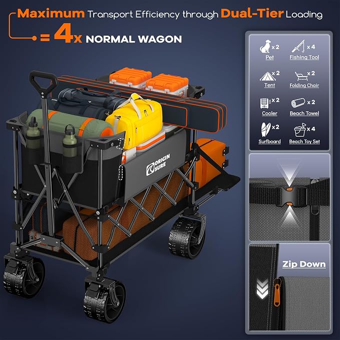 Originsure 400L Double Decker Wagon Collapsible with 54" L Tailgate, 560lbs Heavy Duty Carts Foldable, Extra Large Folding Beach Wagon with Big All-Terrain Wheels for Camping, Sports, Grey&Black