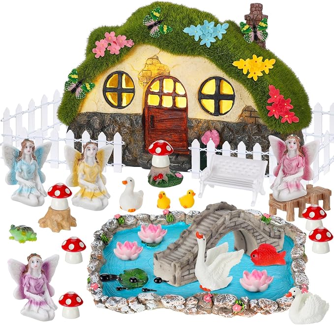 Roowest 57 Pcs Solar Fairy House Garden Accessories Kit Light up Mushroom House Resin Fairy Village Figures Garden Resin Miniature Fish Pond Figures Micro Landscape Outdoor Decorations