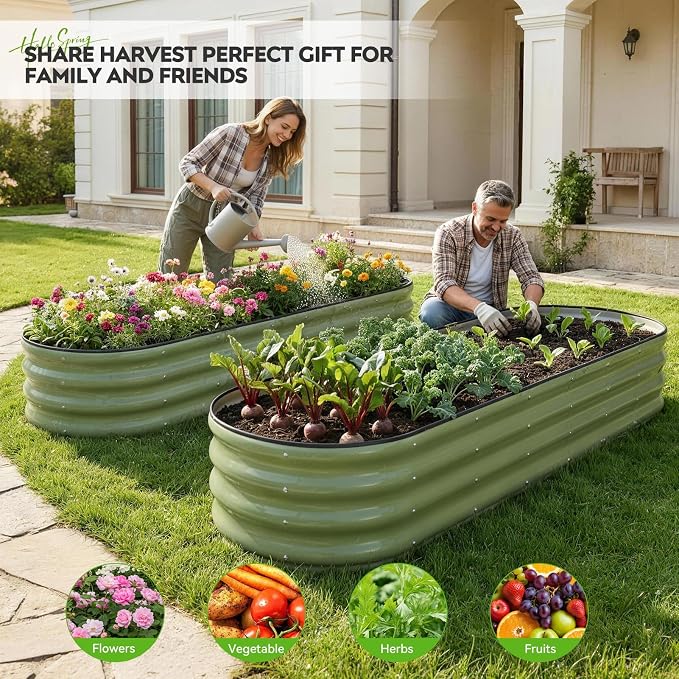 Galvanized Raised Garden Bed 1 Pack, 8x2x1ft Oval Metal Planter Box Outdoor with Support Rods & Corner Protection, Planter Beds for Vegetables, Fruits, Flowers (OliveGreen)