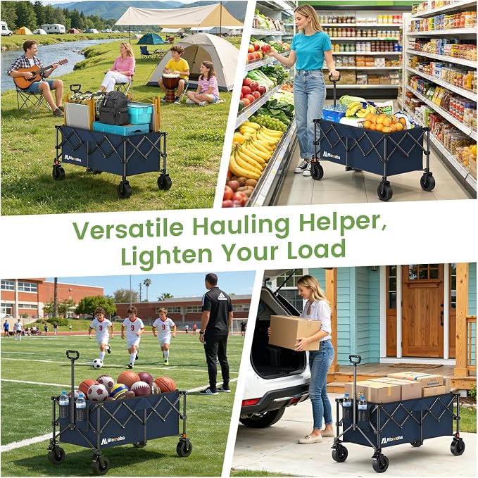 Collapsible Wagon Cart, 330LBS Heavy Duty Folding Cart with Wheels 360° Rotation, Built-in Brakes, Flexible Handle, Portable Utility Wagon for Grocery Sports Garden Shopping Camping, Blue