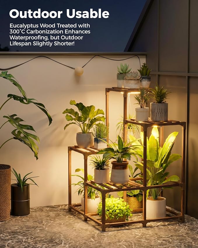 Bamworld 4-Pot Plant Stand with Grow Light Indoor Outdoor Corner Shelf Plant Holder Flower Stand Wood Plant Rack Indoor Multiple Plants Patio Balcony Garden Living room