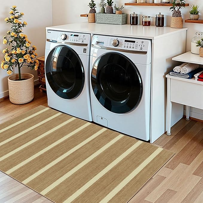 Striped 3x5 Entry Rug, Washable Indoor Outdoor Mats for Front Door | Non-Slip Porch Rug Tan Beige Cottage Farmhouse Small Rugs for Living Room Bedroom Entryway Kitchen Mudroom Office Porch Decor