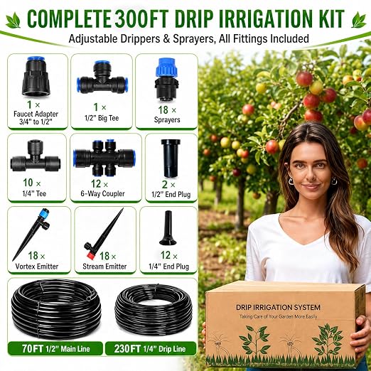 300FT Drip Irrigation System Kit, Quick Push-to-Connect Auto Garden Watering Irrigation System with 70FT 1/2'' & 230FT 1/4'' Tubing, Adjustable Dripper Sprayers for Raised Bed, Lawn, Greenhouse