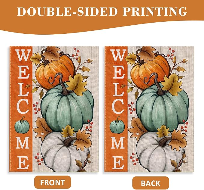 Welcome Fall Pumpkins Decorative House Flag, Autumn White Teal Pumpkin Farmhouse Garden Yard Outside Decorations, Thanksgiving Seasonal Burlap Outdoor Large Home Decor Double Sided 28 x 40