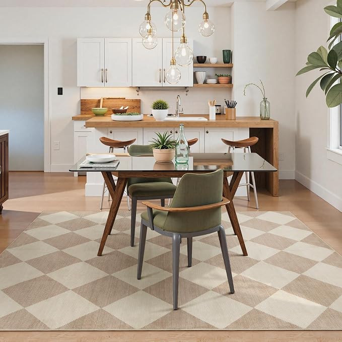 Beeiva Checkered Print Living Room Rugs 8x10, Moroccan Beige Washable Area Rug 8X 10 Non Slip Soft Bedroom Carpet, Geometric Plaid Aesthetic Decor Ultra Thin Large Carpet for Dining Room Office