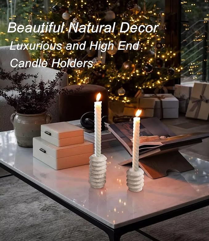 HofferRuffer Travertine Candlestick Holders, Set of 2 Natural Stone Candle Holder Decorative Candle Stands for Wedding, Dinning, Party, Table Centerpieces, Fits 3/4'' Thick Candles (Cream White)