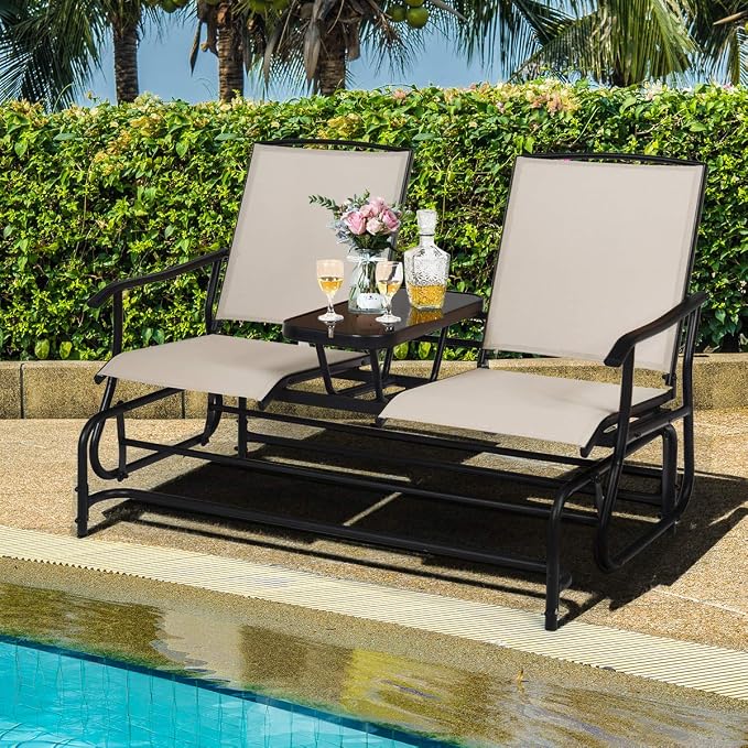 Giantex Patio Bench Glider Chair with Metal Frame, Center Tempered Glass Table, Outside Double Rocking Swing Loveseat for Porch, Garden, Poolside, Balcony, Lawn Rocker Outdoor Glider Bench(Beige)
