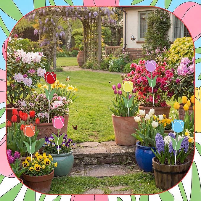 Pickmesh 6 Pcs 12" H Spring Decorations Outdoor Tulips Metal Yard Sign Flowers Spring Colorful Flower Barn Garden Stake for Easter Planter Pot Walkway Pathway Outdoor Decor Lawn Decoration