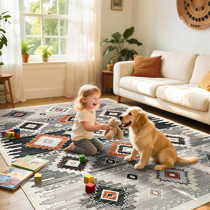 BENRON Western Rugs for Living Room Bedroom 5x7, Non Slip Washable, Cream | Southwest aztec Area Rugs for Dining Table Kitchen Home Decor, Geometric