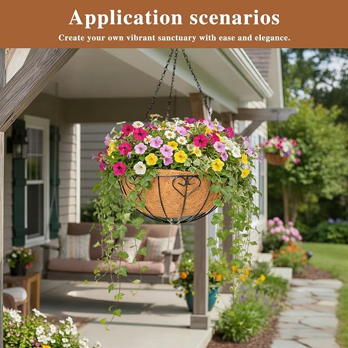 4 Pack Hanging Planter for Outdoor Plants 16 inch Metal Hanging Flower Basket with Coco Coir Liner Round Wire Plant Holder Chain Flower Pots Outdoor Garden Decoration Watering Hanging Baskets(AX)