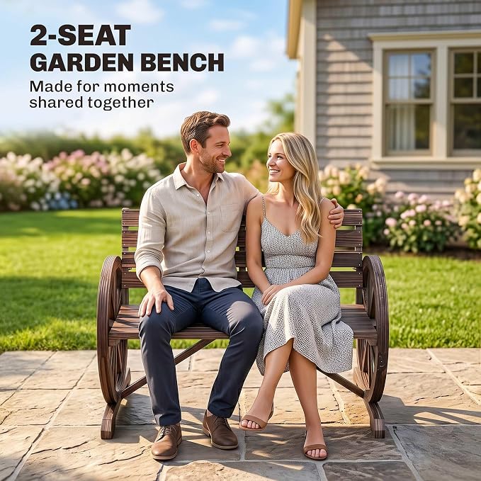 Outsunny 41" Wooden Wagon Wheel Bench, Rustic Outdoor Patio Bench Weather Resistance Furniture, 2-Person Slatted Seat with Backrest, Carbonized